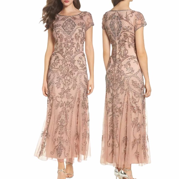 Pisarro Nights Dresses & Skirts - Pisarro Nights Embellished Mesh Beaded Gown in Blush